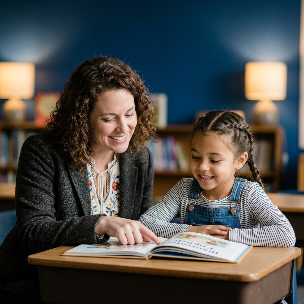 Happy teacher and student